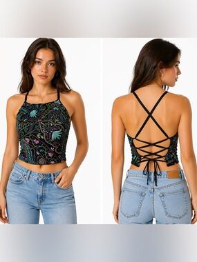 Moyna Hand Beaded Lace-Up Top M | Y2K Boho Silk Embroidered Festival Cami
